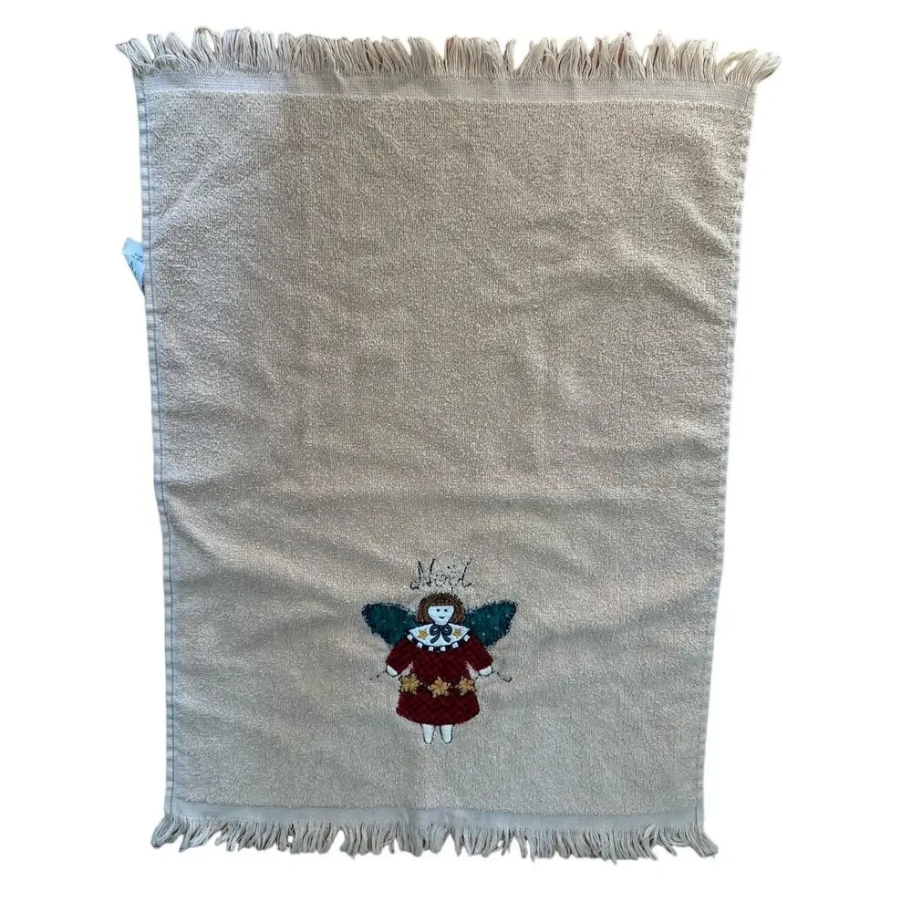 Vintage NOEL Angel Embroidered Hand Towel USA Made Beige